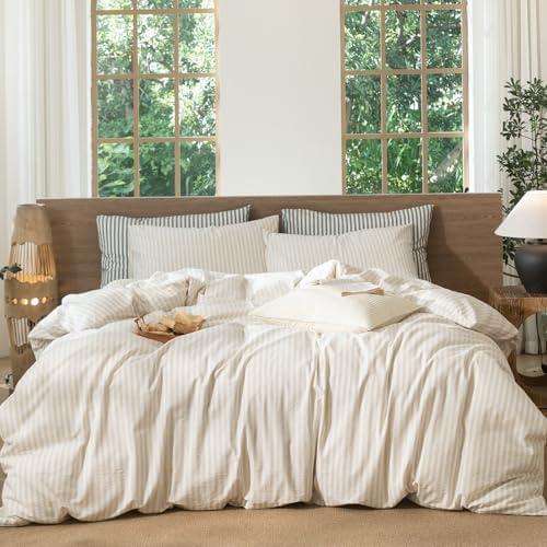 MooMee Striped Duvet Cover Set 100% Washed Cotton Linen Like by MOOMEE