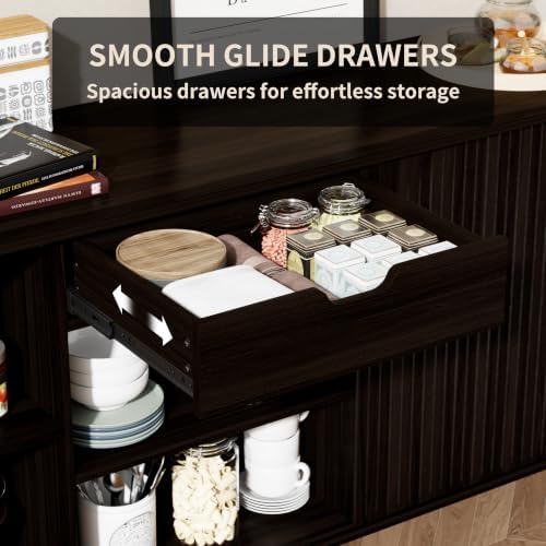 71" Sideboard Buffet Cabinet with Storage,Large Credenza with Sliding Doors and 1 Drawer,Mid Century Modern Coffee Bar Cabinet with Adjustable Shelves for Dining Room,Kitchen,Living Room (Dark Walnut) - Image 4