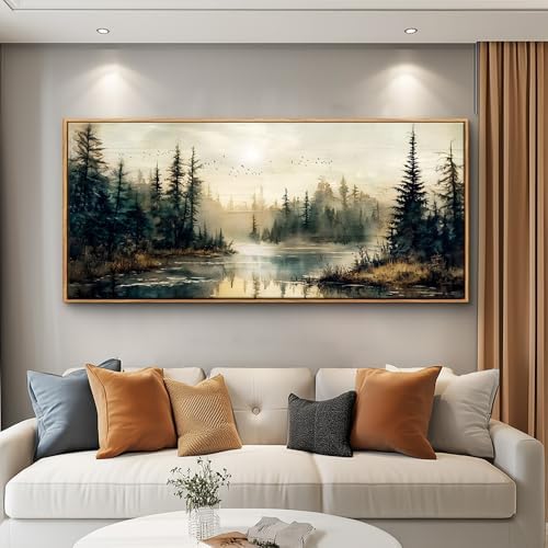 FUHAIHUA Wood Framed Large Wall Decor For Living Room Canvas Wall Art For Office Farmhouse Wall Decorations For Bedroom Forest River Landscape Paintings Modern Pictures Artwork Room Home Decor 32x72 In - Image 2
