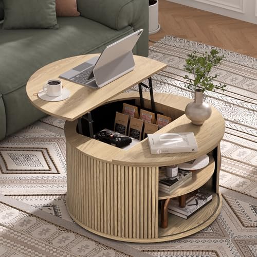 JOINICE Round Lift Top Coffee Table with Storage for Living Room,Oak - Image 5