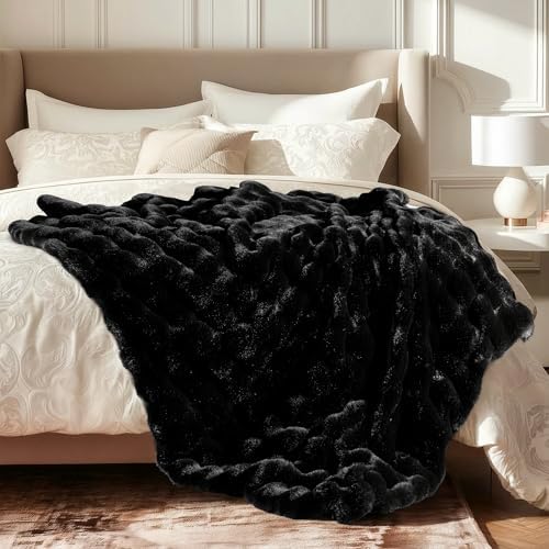 Ultra Soft Cozy Faux Fur Throw Blanket, Fuzzy Plush Thick Bubble Blanket, Oversize Luxury Fluffy Blanket for Couch, Bed, and Living Room, 60x80 Inches, Black by blunique