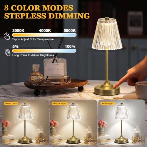 Bronze Cordless Rechargeable Table Lamp, Touch Battery Powered Lamp, 3 Color Modes, Crystal Acrylic Lampshade, Portable Ambient Night Light for Desk, Bedroom, Living Room, Dining Room, Kitchen, Bar - Image 2