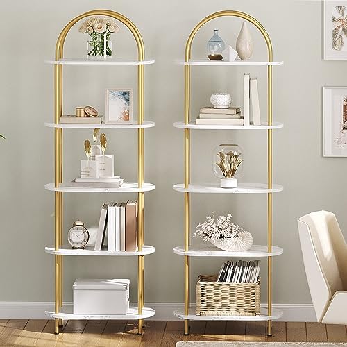 HOOBRO 5 Tier Open Bookshelf, Industrial Arched Bookcase Display Shelf Rack, Wooden Bookcase Storage Shelf Metal Frame, Tall Storage Organizer for Home, Easy Assembly, Gold DM176SJ01 - Image 5