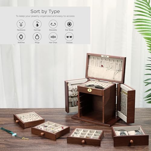 Wooden Jewelry Box Lockable, 8-Layer Large Wood Jewelry Organizer for Women - Image 6