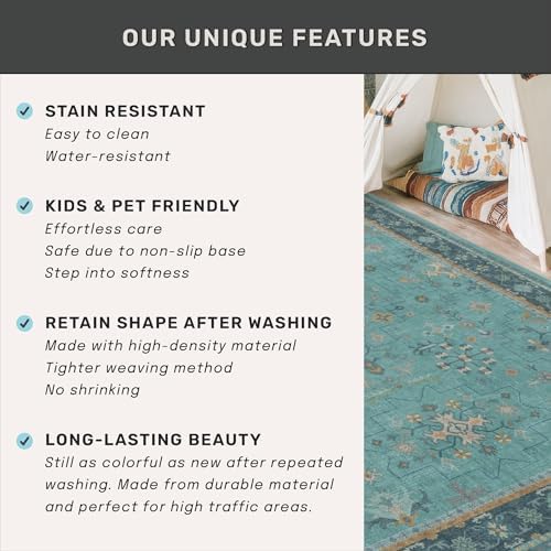 Vintage 3x12 Long Hallway Runner Rug - Teal Boho 3x12 Kitchen Floor Mat, Low Pile Thin Carpet for Bedroom Bedside, Washable Modern Eclectic Boho Design Décor - Image 6