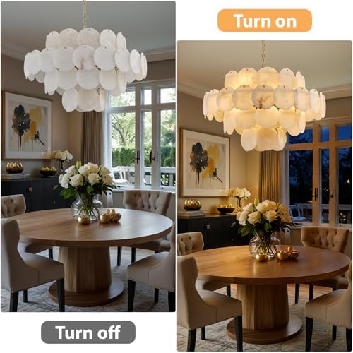 D31.5 Round Alabaster Chandelier, 4-Tier Brass Marble High Ceiling Chandeliers, 12-Light Modern Dimmable Pendant Light for Living Room Dining Room Bedroom Foyer Hallway Kitchen (Include Bulbs) - Image 6