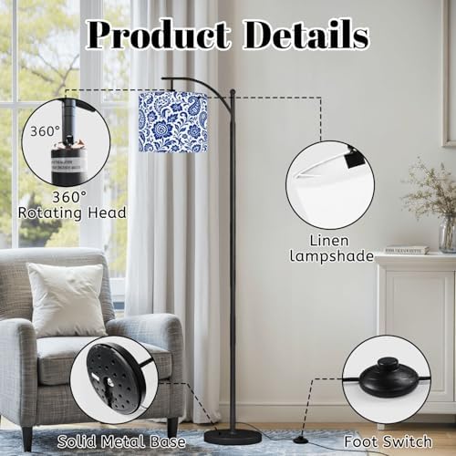 Arc Floor Lamp Floral Swirling Blue White Design Dimmable Modern Standing Lamp with Remote Adjustable Drum Shade Footswitch Tall Pole Lamp for Living Room Bedroom - Image 6