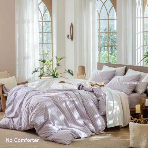 MooMee Striped Duvet Cover Set 100% Washed Cotton Linen Like Queen - Image 2