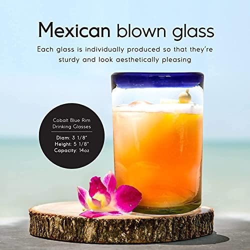 Cobalt Blue Rim 14 oz Drinking Glasses (set of 6), Recycled Glass, Lead-free, Toxin-Free (Drinking) - Image 2