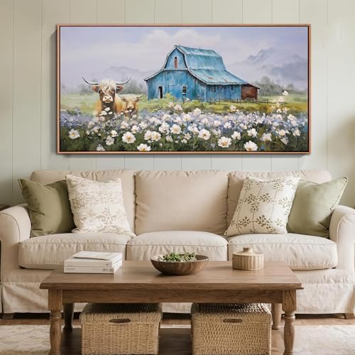 Anolyfi Highland Cow Farmhouse Wall Art for Living Room, Blue Barn Paintings Warm and Cozy Decor for Bedroom Dining Room Home Hallway, Framed 58"x29" by Anolyfi