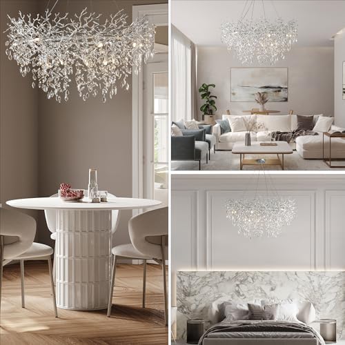 YUYI 47" Silver Tree Branch Chandelier, 14-Light Modern Crystal Chandelier, Round Chandeliers for Dining Room, Living Room, Foyer, Entryway, Kitchen, Bedroom, Luxury K9 Crystal Raindrop Fixture - Image 2