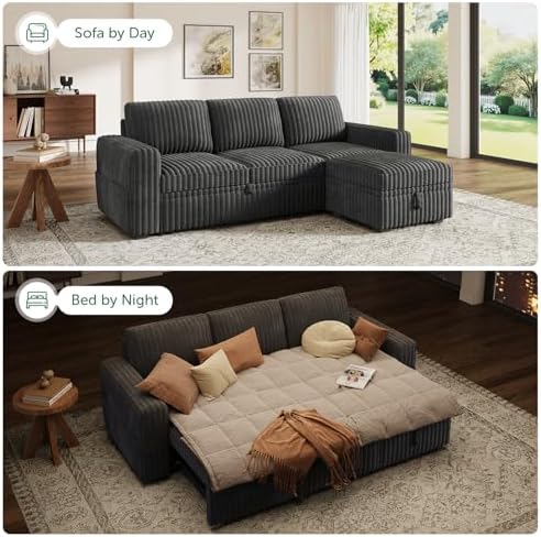 HONBAY Modular Sectional Sofa with Pull Out Bed,Corduroy L Shaped Sleeper Sofa with Storage, Sectional Couches for Living Room,Dark Grey - Image 4