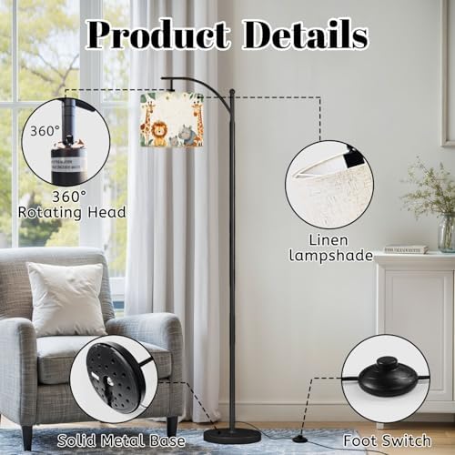 Arc Floor Lamp Animals Watercolor Baby Elephant Lion Zebra Giraffe Dimmable Modern Standing Lamp with Remote Adjustable Drum Shade Footswitch Tall Pole Lamp for Living Room Bedroom - Image 6
