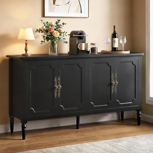 RoyalCraft Buffet Cabinet with Storage, 59" Vintage Sideboard with Adjustable Shelves, Mid Century Modern Painted Credenza Coffee Bar for Kitchen, Dining Room, Entryway, Living Room, Satin Black by Bringyoubetterlife