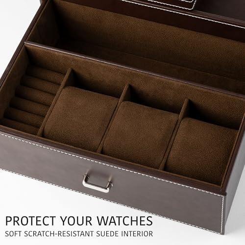 Mens Jewelry Box Organizer & Dresser Valet Tray - Premium Nightstand Station for Watches, Rings, and Accessories - Mens Dresser Top Organizer with Multiple Compartments and Soft Lining (Brown) - Image 3