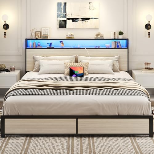 Lifezone King Bed Frame with 2-Tier Storage Headboard, Metal Platform Bed Frame with 4 Storage Drawers, Built in Charging Station & LED, Noise-Free/Metal Support/No Box Spring Needed, Beige - Image 4