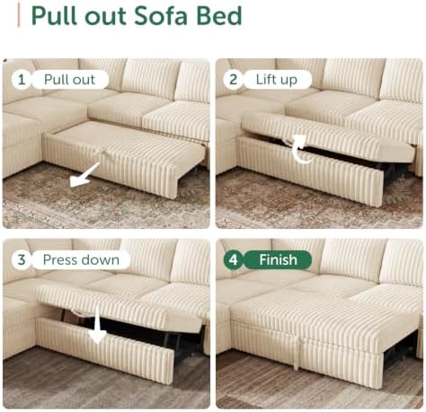 HONBAY Modular Sectional Sleeper Sofa with Pull Out Bed Oversized Corduroy L Shaped Sofa Bed with Storage Couches for Living Room,Beige - Image 5