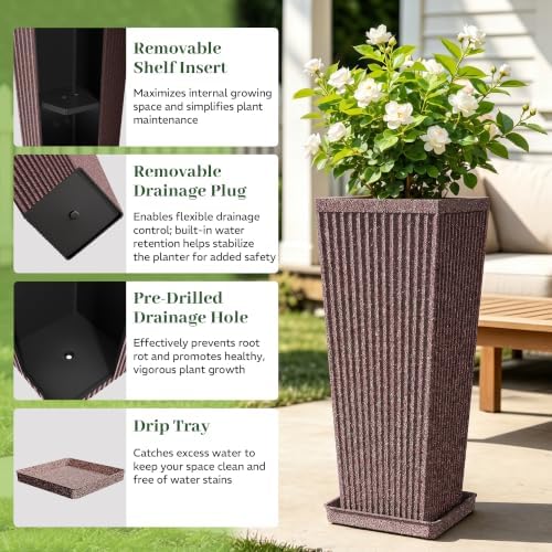 Square Tall Planters for Outdoor Plants with Tray - 24" Brown 2Pack - Image 3