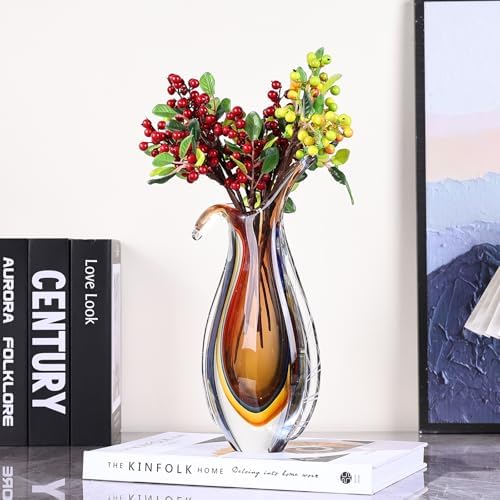 Amber Hand Blown Glass Vase – Oval Decorative Art Glass for Centerpieces, Murano Inspired Decor for Dining Room, Entryway Table, or Shelf, Handmade Glass Vase for Home Display (Red Yellow) - Image 7