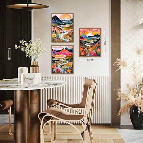 Floating Framed Boho Colorful Wall Art, Abstract Watercolor Mountain Landscape Wall Decor Painting Set of 3, Modern Flower Aesthetic Posters Prints for Living Room Bathroom Bedroom 12x16 Inch - Image 3