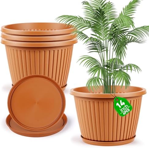 Large-Planter-Indoor-Outdoor Plant Pots, 14 inch 4 Pack Plastic Flower Pots with Saucer And Drainage Holes, Modern Garden Planters For Planting Medium Large Plants, Decorative Resin Garden Pots by Myfeegoin