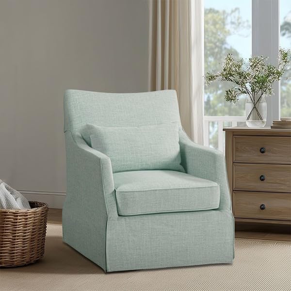 Martha Stewart 360° Mint Swivel Chair, Modern Classic Skirted Armchair with Soft Removable Seat Cushions and Lumbar Pillow, Rust Resistant Metal Swivel Base, for Living Room, Bedroom - Image 4