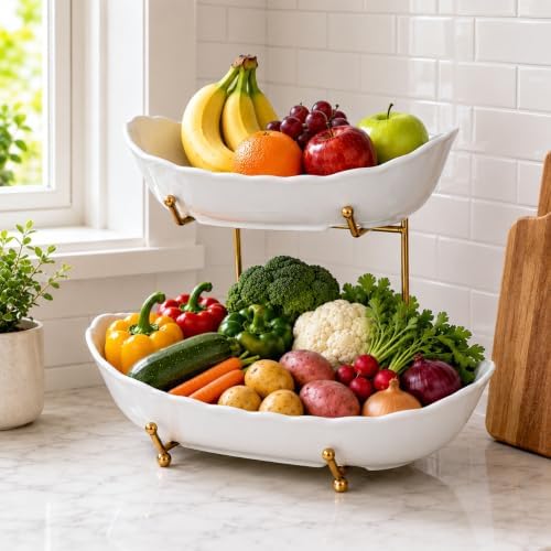 HBlife 2 Tier Large Fruit Bowl, Ceramic Fruit Basket for Kitchen Counter - Image 2