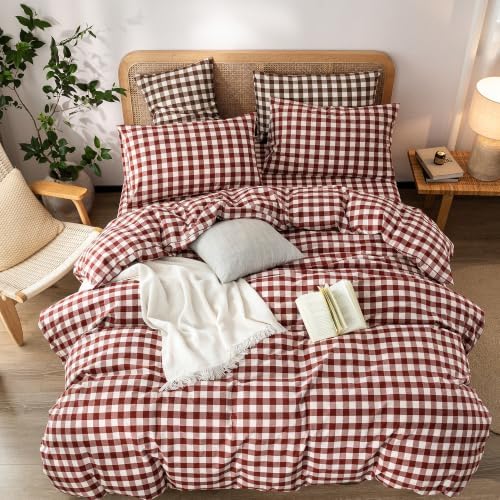 BESTOUCH Gingham Cotton Duvet Cover Set Fired Brick Red Full - Image 3