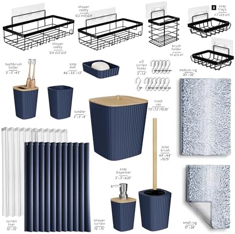 Clara Clark Bathroom Accessories Set - 27PC Bathroom Set with Adhesive Corner Shower Caddy Hanging, Bathroom Sets with Shower Curtain and Rugs, Ombre Navy Shower Curtain Set with Bathroom Trash Can - Image 3