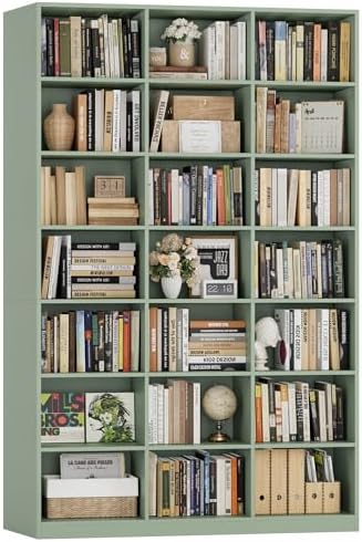 HOSTACK 86" H Triple Wide Bookshelf and Bookcase, 7 Tier Tall Bookshelf with Storage, Large Bookcase with 21 Open Display Storage Shelves, Wood Book Shelf Media CD DVD Storage for Living Room, Green by HOSTACK