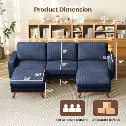Vesgantti 97" Modular Sectional Sofa Dark Blue, U-Shaped Couch with Movable Ottoman, Comfy Corduroy Couch with Spring Cushion, Modular Sofa with Deep Seat for Living Room, Bedroom and Apartment - Image 2