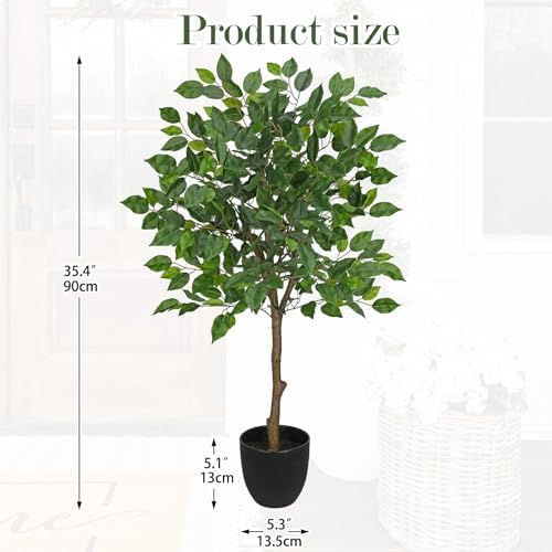 3Ft Ficus Tree Artificial Plants Indoor with Realistic Trunk, 2Pack Tall Fake Potted Tree Faux Floor Plant, Artificial Tree in Pot for Home Living Room Office Bedroom Corner Decor(Green) - Image 2