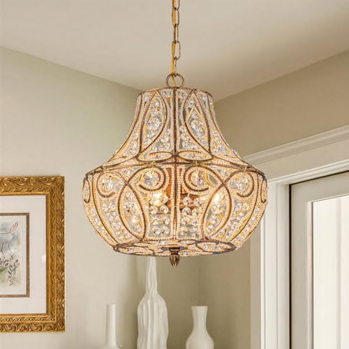 4-Light Antique Gold Gourd Beaded Chandelier, 13" Vintage Crystal Pendant Lighting Fixture for Dining Room, Living Room, Kitchen Island, Bedroom by Zicbol