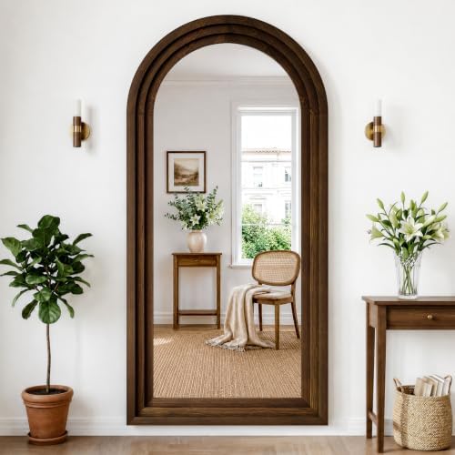 35"x78" Full Length Mirror Solid Wood Frame, Arched Floor Mirror Full Length with Stand, Room Decor Big Full Body Mirror with HD Tempered Glass for Bedroom, Living Room, Walnut Wood - Image 7