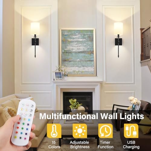 19 Inch Black Battery Operated Wall Sconces Set of 2, Rechargeable Wireless Wall Lights with Remote & White Fabric Shade, Indoor Not Hardwired Dimmable Wall Lamps for Living Room, 2 Bulbs Included - Image 5