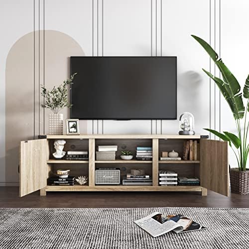 YESHOMY Modern Farmhouse TV Stand with Barn Doors for 65 Inch TV, White Oak - Image 4