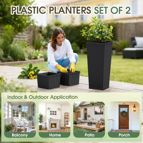 30 Inch Tall Plastic Planters(Set of 2) with Drainage Holes, Black - Image 4