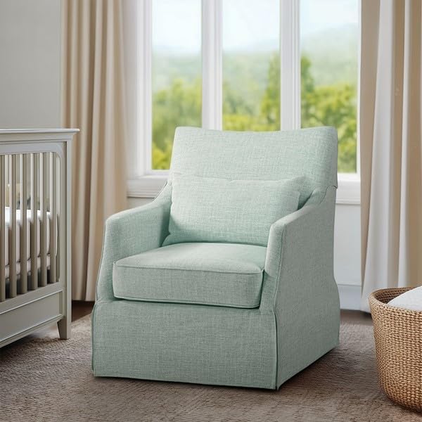 Martha Stewart 360° Mint Swivel Chair, Modern Classic Skirted Armchair with Soft Removable Seat Cushions and Lumbar Pillow, Rust Resistant Metal Swivel Base, for Living Room, Bedroom - Image 5