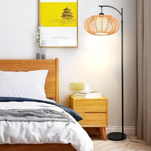 ZECOXOL Arc Floor Lamps for Living Room Bedroom Rattan Boho Floor Lamp with Remote Control,Dimmable Led Standing Lamp Wicker Lamp Shade Rustic Tall Floor Lamp Modern Flower Lamp for Bedroom Corner - Image 6