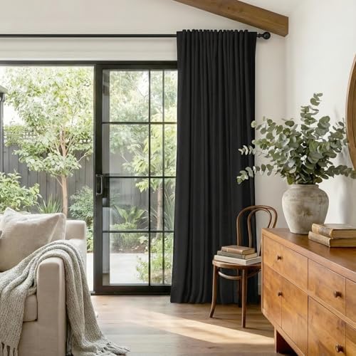 Linen Textured Total Blackout Sliding Door Curtains 84 Inches Long, Black - Image 5