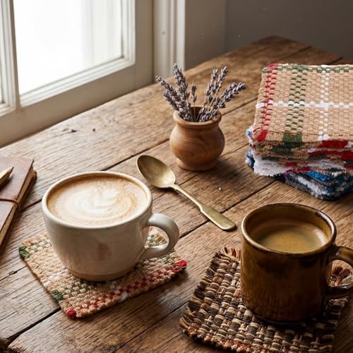 Set of 10 Fabric Drink Coasters, Handcrafted Cotton Woven Coasters for Table, Coastal Farmhouse Table Decor for Coffee Tea Cocktails, Absorbent Soft Desk Coasters for Kitchen Office, Housewarming Gift - Image 5