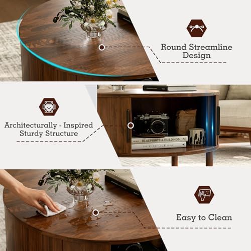 ZttRiee Round Coffee Table with Sliding Doors, Mid-Century, Walnut - Image 5