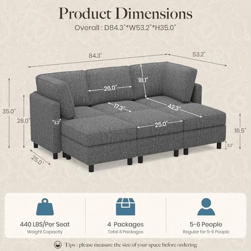 Belffin 84.3" Modular Sectional Sofa 6 Seats Sleeper Sofa Washable Sectional Couches for Living Room Comfy Couches with Storage Seat Couch Sofas with Chaise,Grey - Image 2