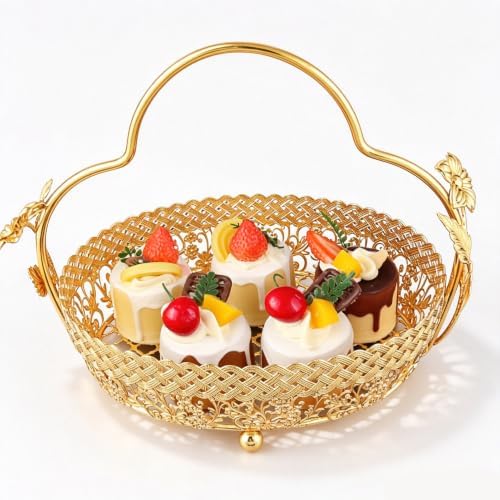 Vintage Fruit Serving Tray, Metal Gold Fruit Basket with Handle by Tomotato
