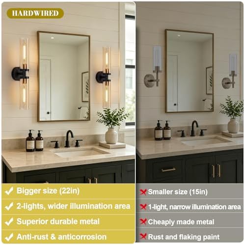 Indoi Wall Sconces Set of Two, Hardwired Black and Gold Bathroom Sconces Wall Lights with Amber Glass, Modern Sconces Wall Decor Set of 2 Vanity Light fixtures for Bathroom Mirror Living Room - Image 2