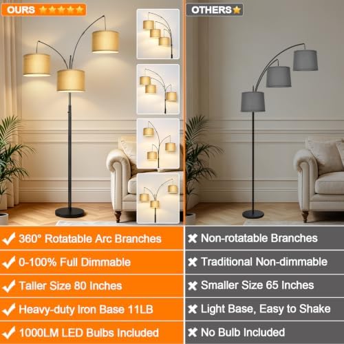 Nintiue Dimmable Floor Lamp - 3 Lights Gold Arc Floor Lamps for Living Room, 1000LM Modern Tall Standing Lamp with Black Shades&Heavy Base,3 LED Bulbs Included-Champagne - Image 2