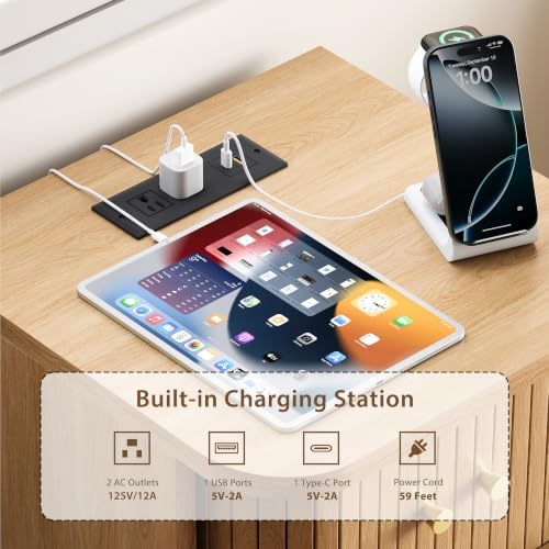 Decofy Fluted Nightstand with Charging Station & Sliding Door, Oak - Image 3
