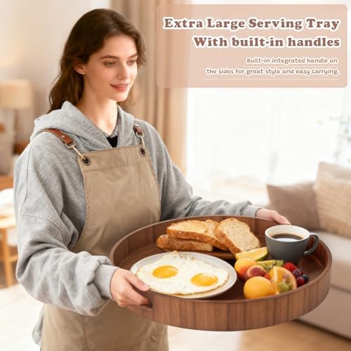 20 Inch Ottoman Coffee Table Tray with Handles, Large Round Wooden Serving Tray, Big Decorative Kitchen Organizer Giant Sofa Storage Trays Huge Counter Serveware - Image 6