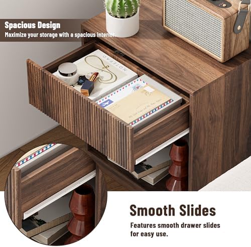 Fluted Nightstands Set of 2, Modern Bedside Table with Drawer and Storage Shelf, Wood End Table Mid Century Night Stands for Bedroom Living Room Sofa Couch Office (Walnut) - Image 4