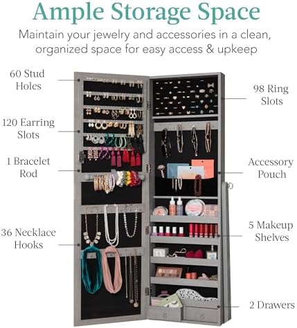 Best Choice Products Freestanding Jewelry Armoire Cabinet, Full Length Standing Mirror, Lockable Makeup Storage Organizer, w/Velvet Lining, 3 Angles, Lock, Accessory Pouch, 5 Shelves - Gray Oak - Image 2